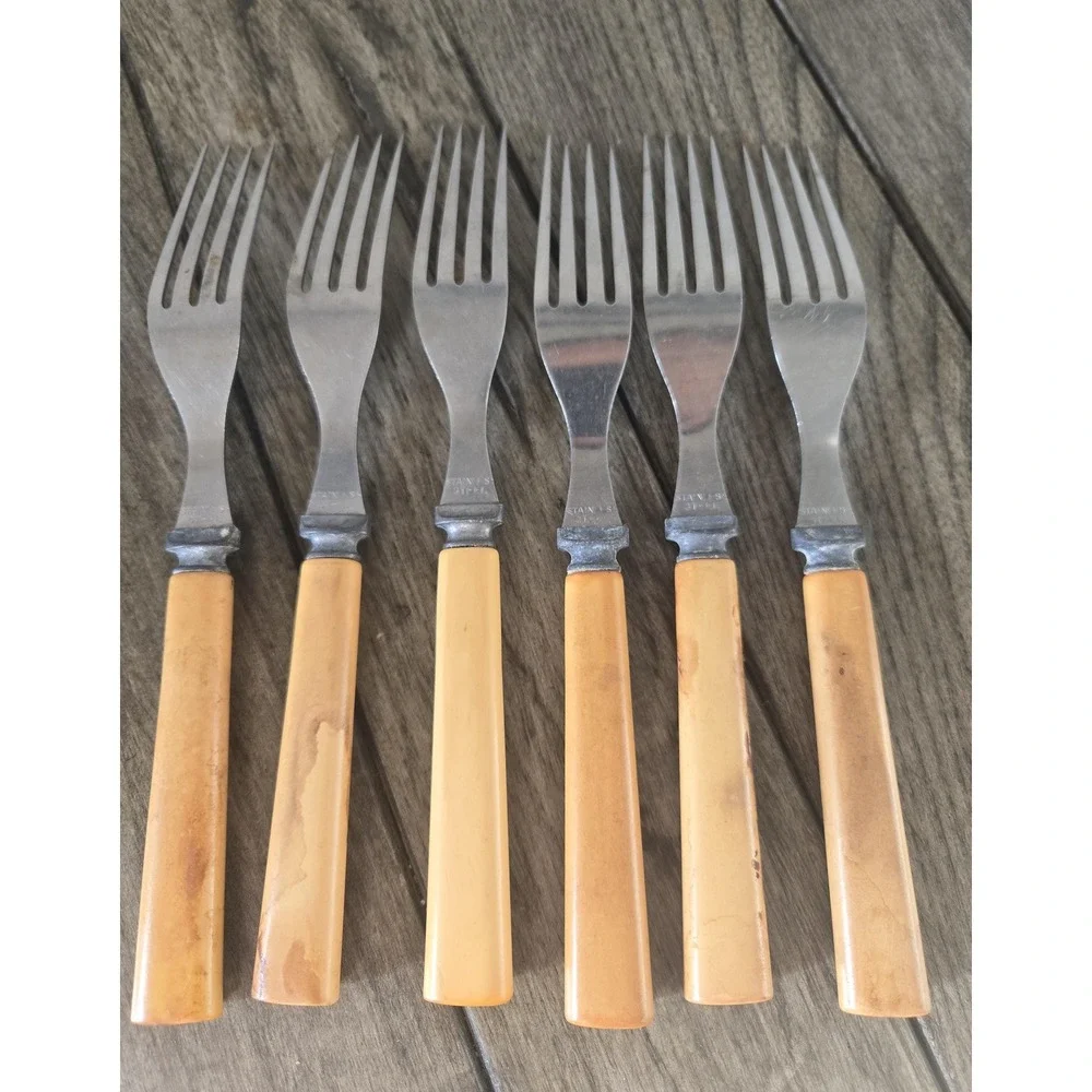 Vintage Butterscotch Bakelite 6 Forks Flatware Set Stainless Steel Art Deco MCM